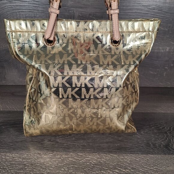 Michael Kors MK Logo Mirror Metallic Gold Monogram Luxury Tote Bag Purse Large - Picture 5 of 13